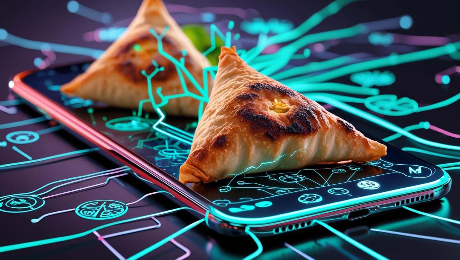 Illustration of AI in food delivery showing a smartphone with a samosa on screen and a digital brain connecting to other food icons