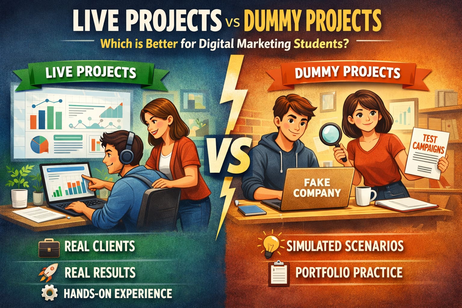 "Live Projects vs Dummy Projects – What’s Better for Digital Marketing Students career growth and skills."