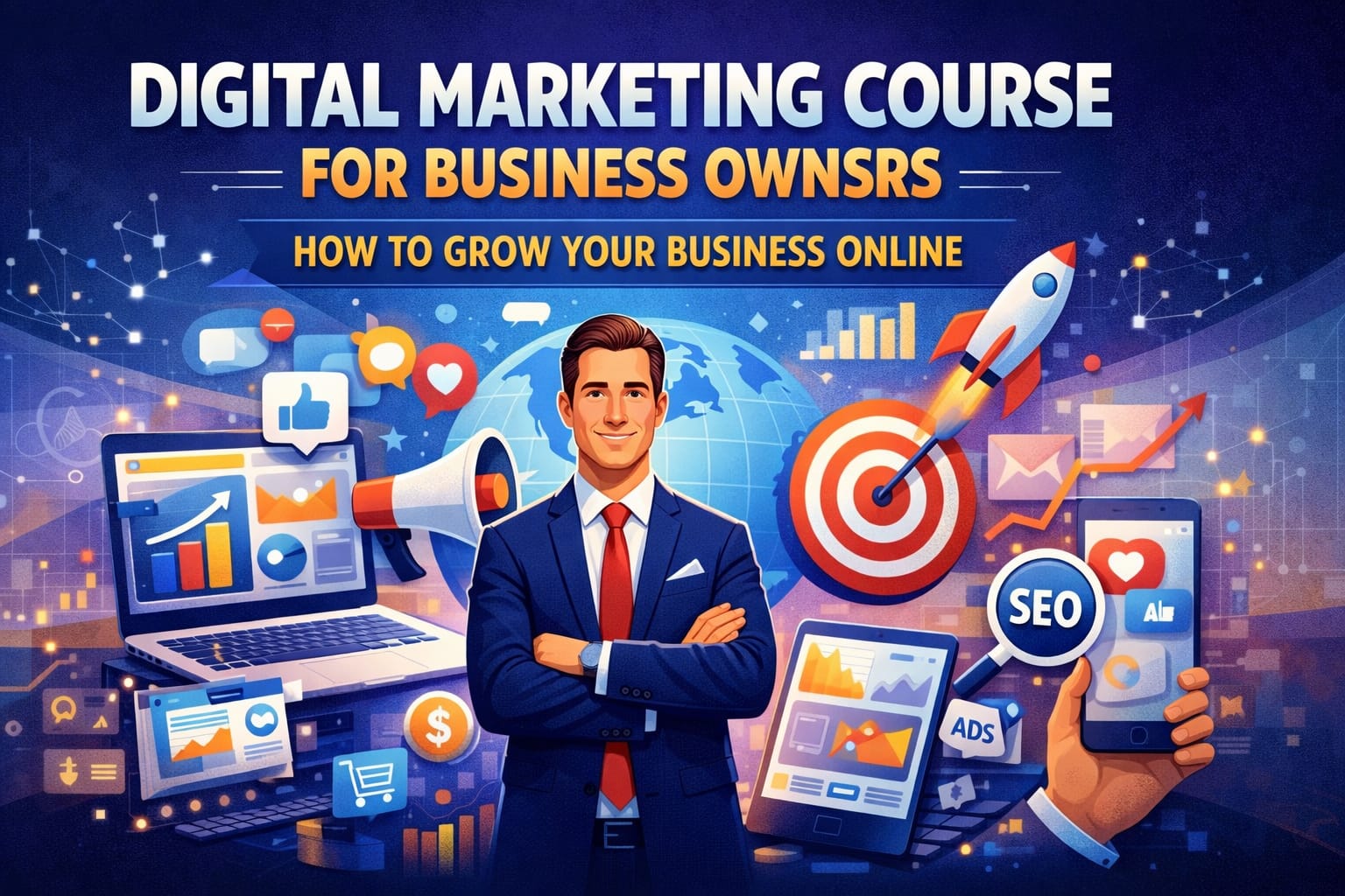 Business owner learning digital marketing strategies to grow business online.
