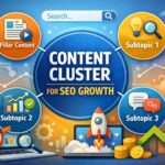 Content cluster model showing pillar page and interlinked topic cluster pages for SEO growth