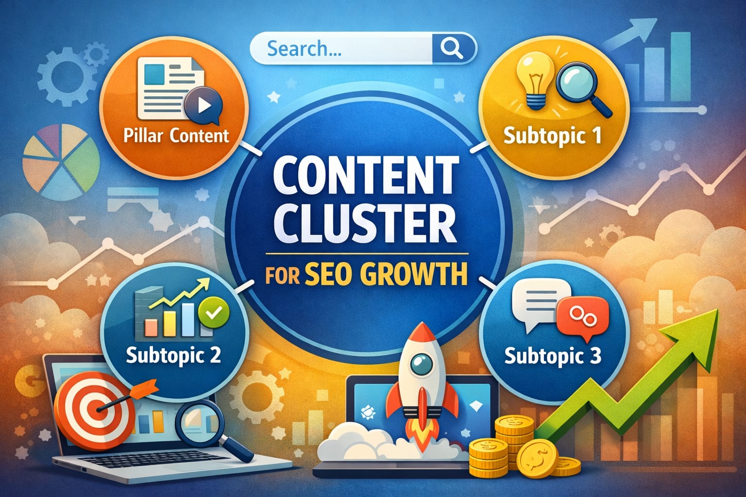Content cluster model showing pillar page and interlinked topic cluster pages for SEO growth
