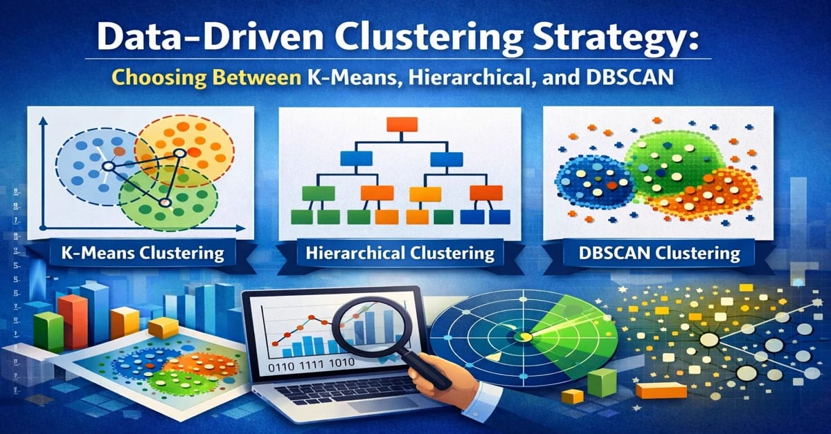 Data-driven clustering strategy comparing K-Means, Hierarchical clustering, and DBSCAN for machine learning segmentation