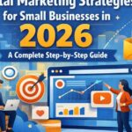 Digital marketing strategies for small businesses in 2026 shown with SEO, social media, email marketing, and analytics icons