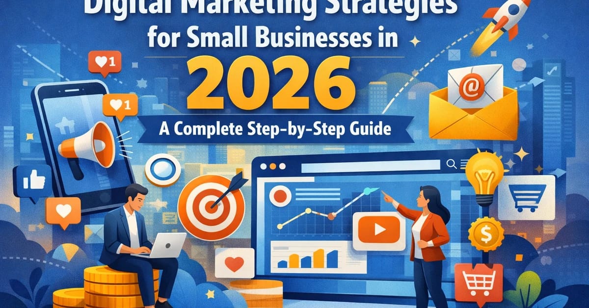Digital marketing strategies for small businesses in 2026 shown with SEO, social media, email marketing, and analytics icons