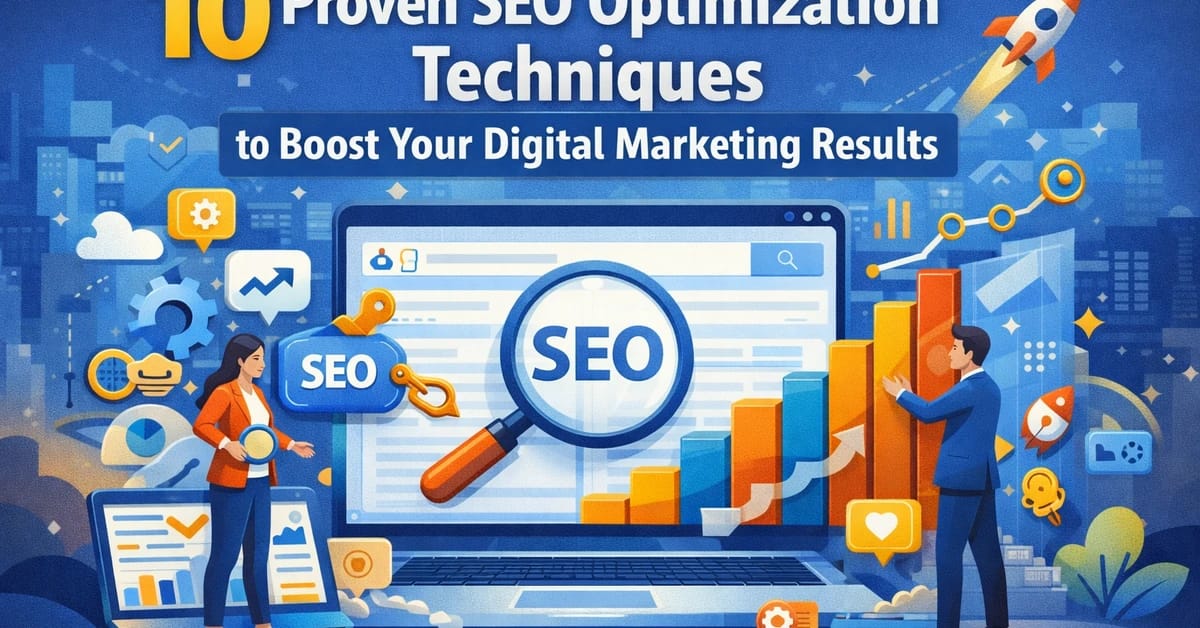 SEO optimization techniques to boost digital marketing results shown with analytics dashboard, keyword research, link building, and website optimization icons