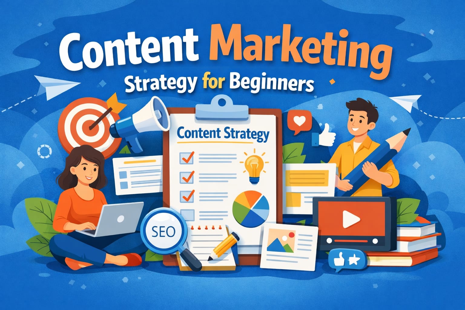 Content marketing strategy for beginners step-by-step guide with SEO planning, keyword research and content calendar illustration