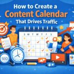 Content calendar planning dashboard showing blog schedule, keyword research, and traffic growth strategy