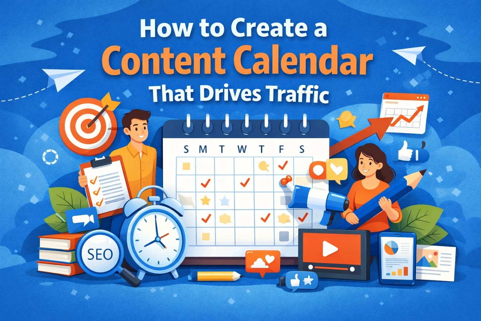 Content calendar planning dashboard showing blog schedule, keyword research, and traffic growth strategy