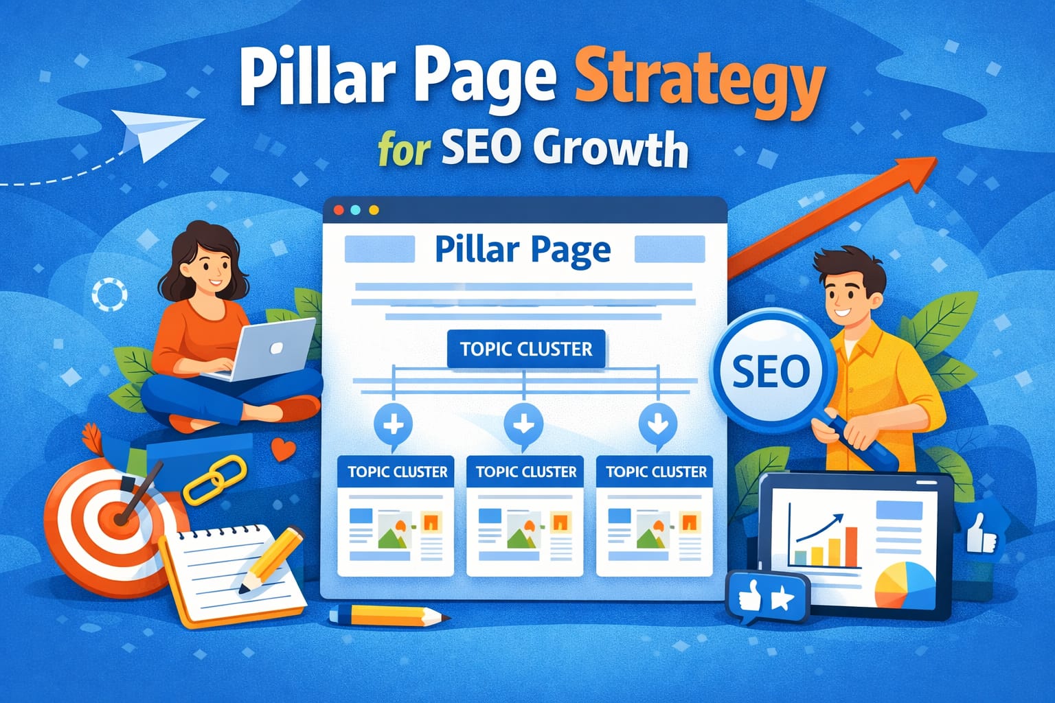 Pillar page strategy diagram showing topic clusters, internal linking structure, and SEO growth framework