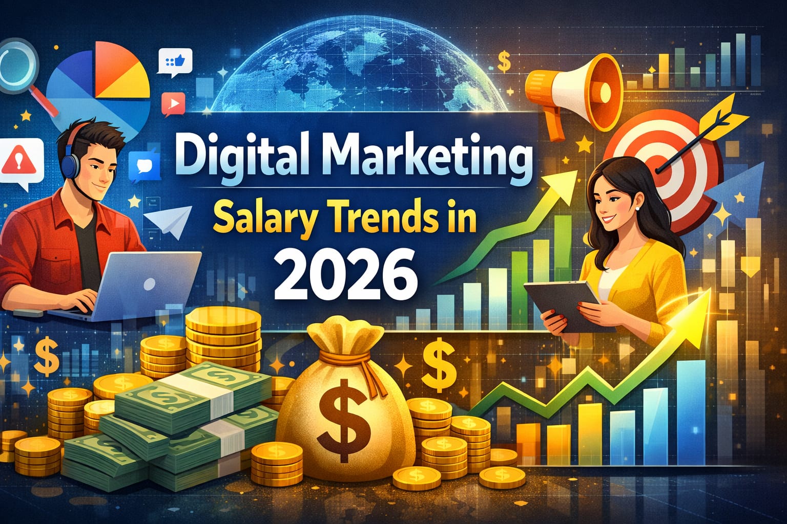 digital marketing professionals analyzing salary trends and marketing data in 2026