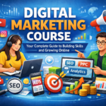Digital marketing course guide showing SEO, social media, PPC, and analytics concepts