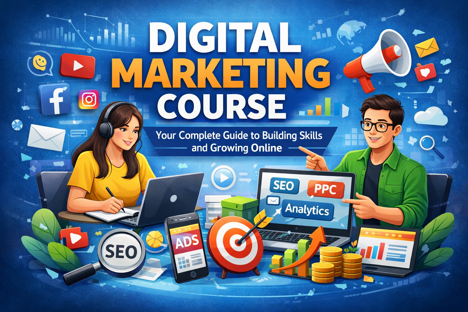 Digital marketing course guide showing SEO, social media, PPC, and analytics concepts