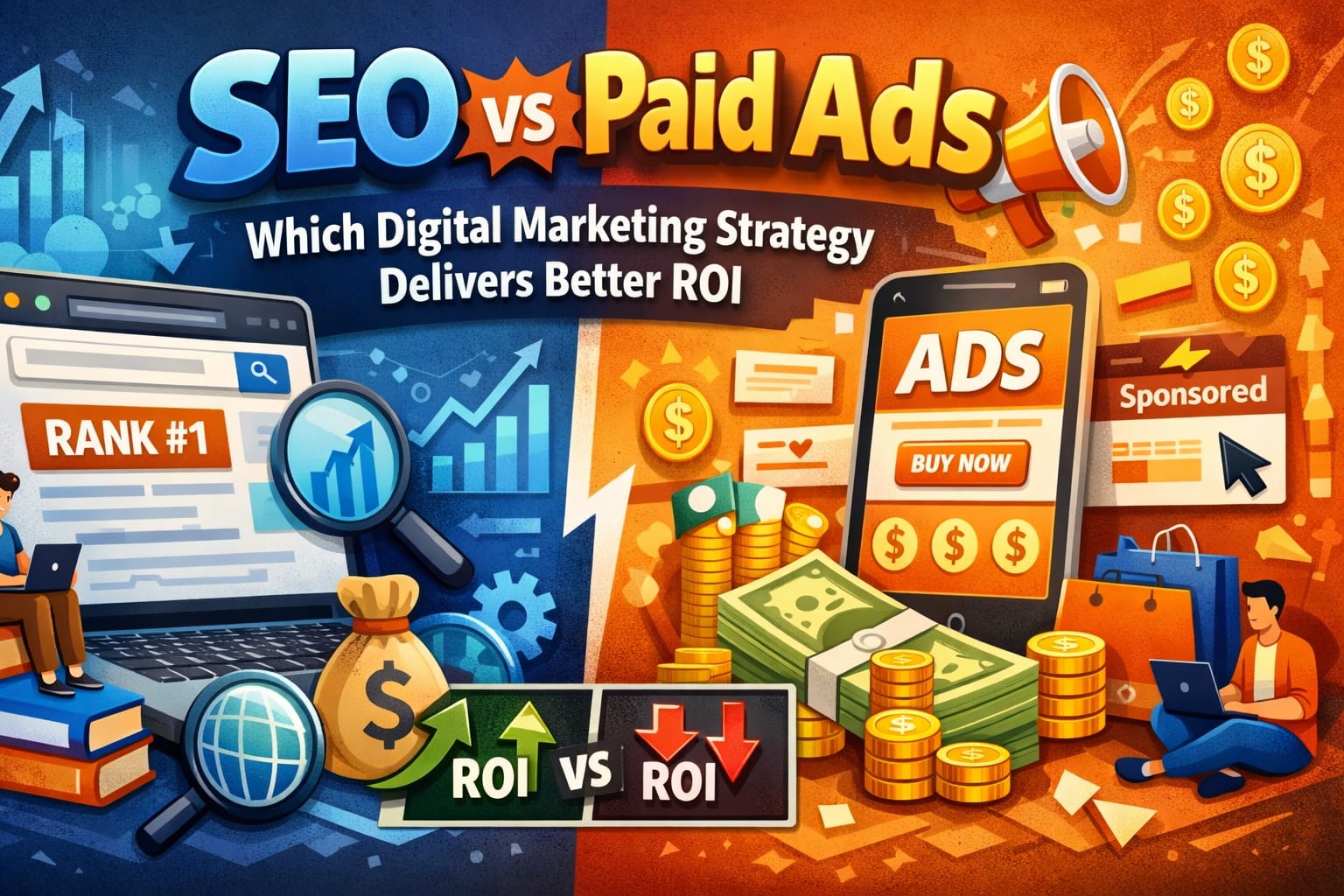 SEO vs Paid Ads comparison showing organic traffic and paid advertising strategies