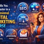 Illustration showing key digital marketing skills like SEO, social media, content marketing, PPC, and analytics