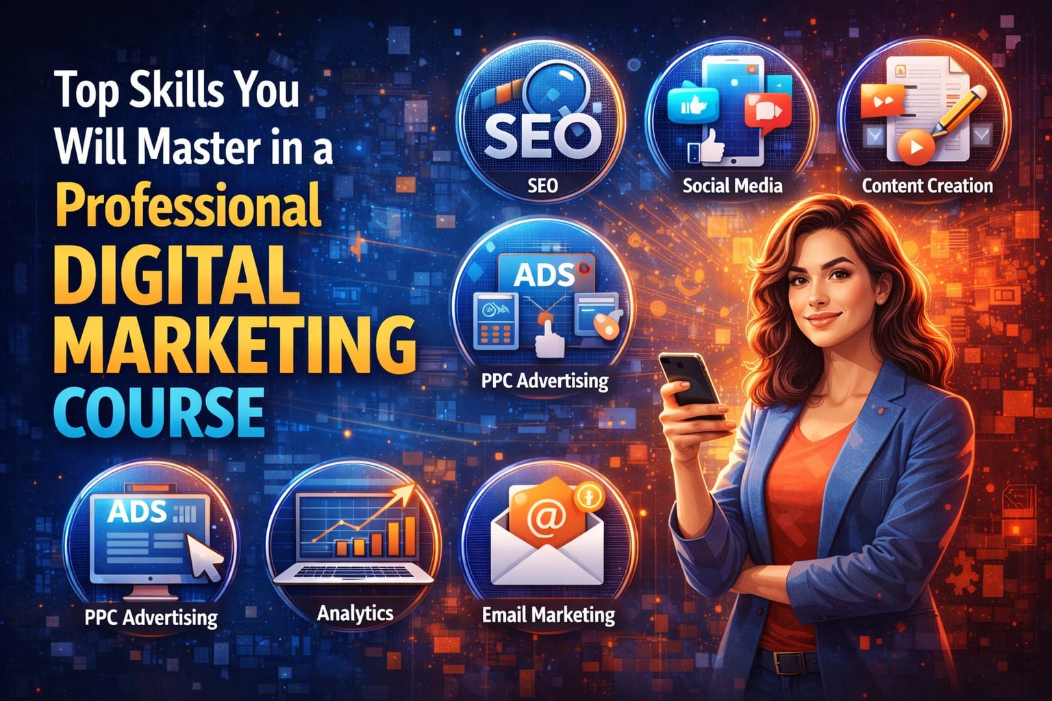 Illustration showing key digital marketing skills like SEO, social media, content marketing, PPC, and analytics