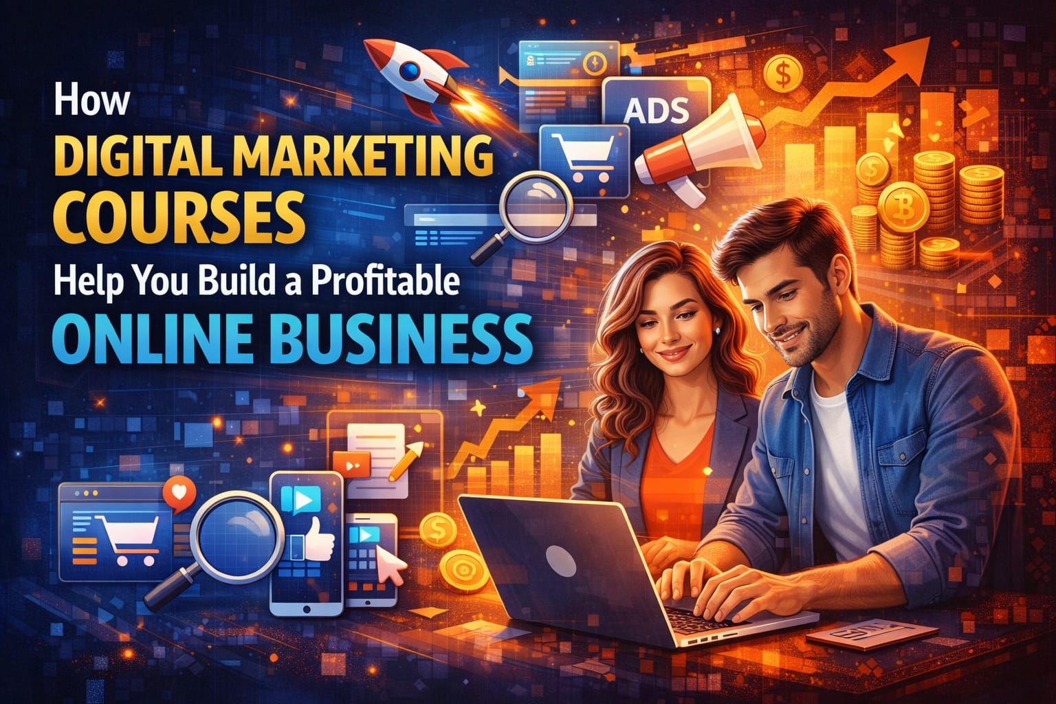 Person building a profitable online business using digital marketing skills like SEO, social media, and paid ads